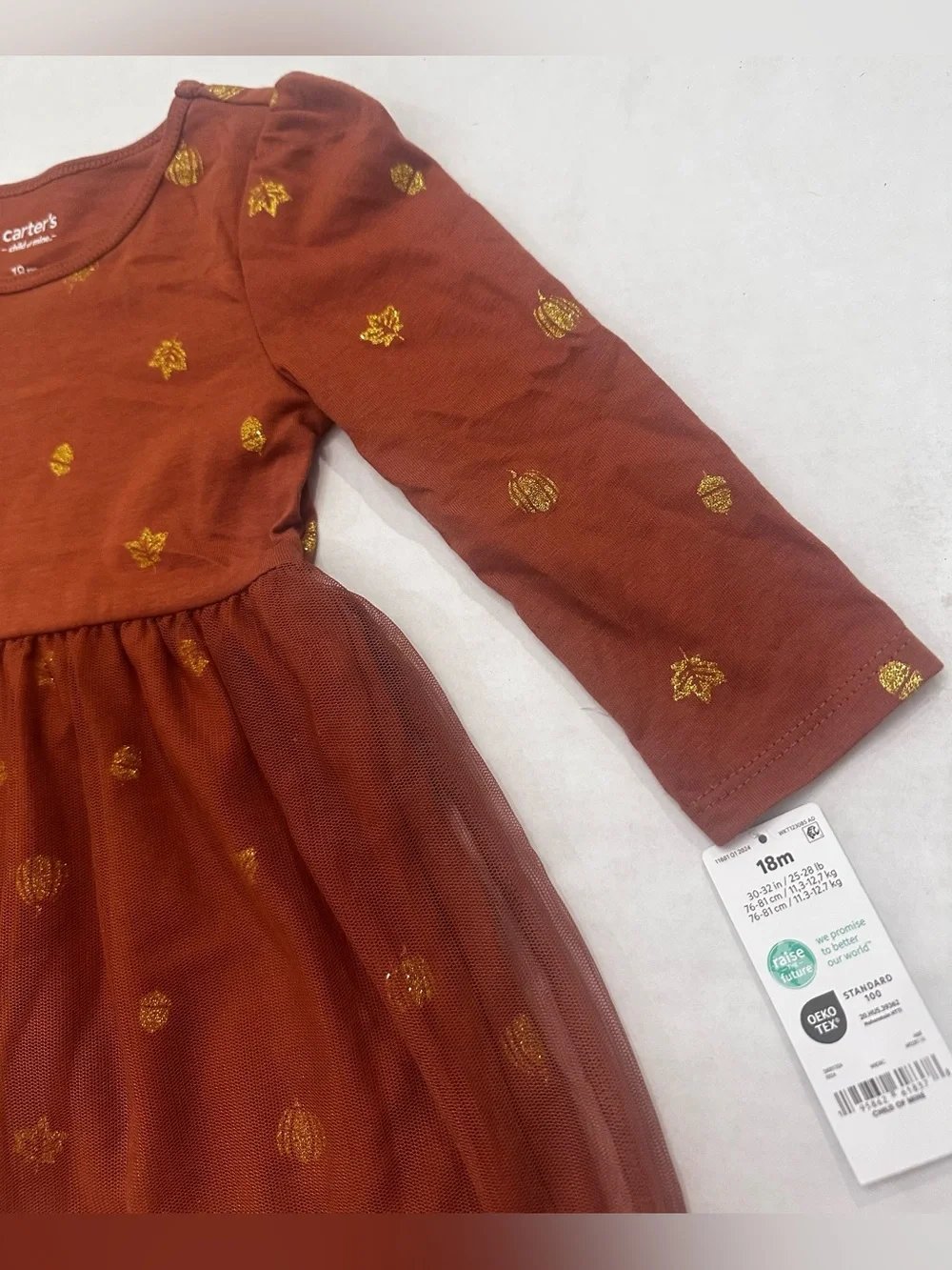 Carter's Girls Long Sleeve Brown Fall Dress with Gold Leaf Print Size 18 Months